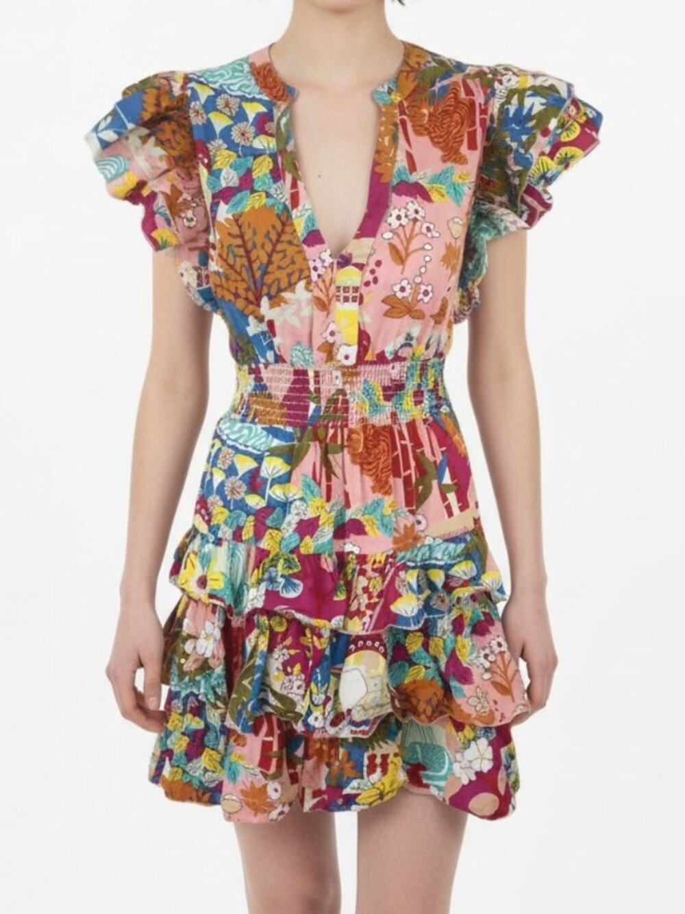 Love the Label Maribel Fit Flare Mini Dress Womens S Patchwork Floral Tiered